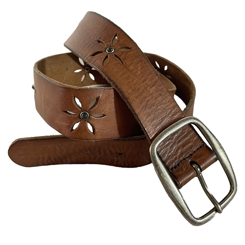 Buckle Womens M (30-34) Vtg Brown Leather Belt Punched Out Daisies Beads GH02930